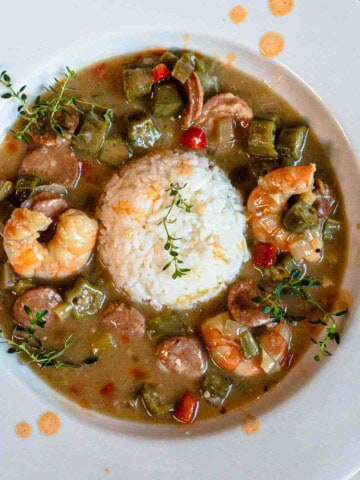Shrimp sausage gumbo with rice.