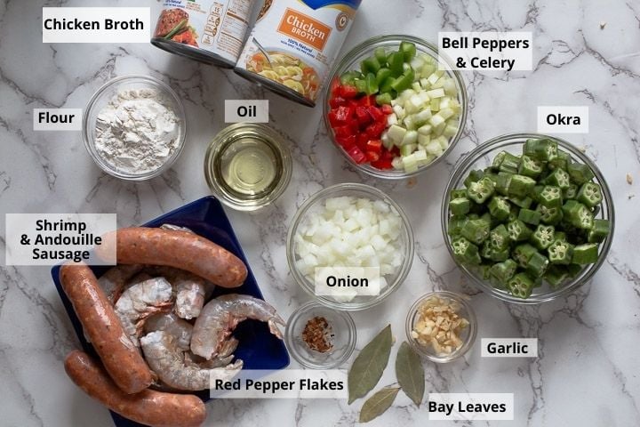 Ingredients to make shrimp and andouille sausage gumbo