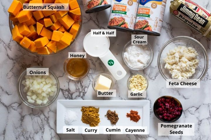 Ingredients needed to make butternut squash soup with curry