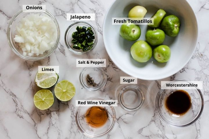 Ingredients used to make homemade roasted tomatillo salsa.