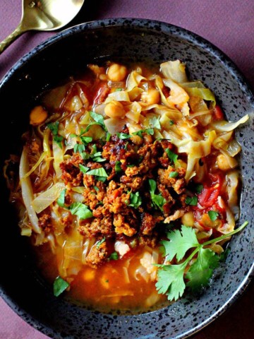 Chorizo soup with garbanzo beans and cabbage