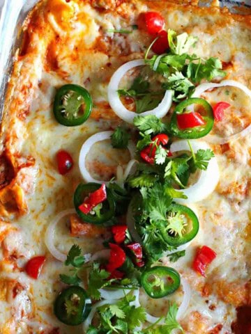 Chicken enchiladas made with a creamy red sauce topped with jalapeno peppers and fresh onion.