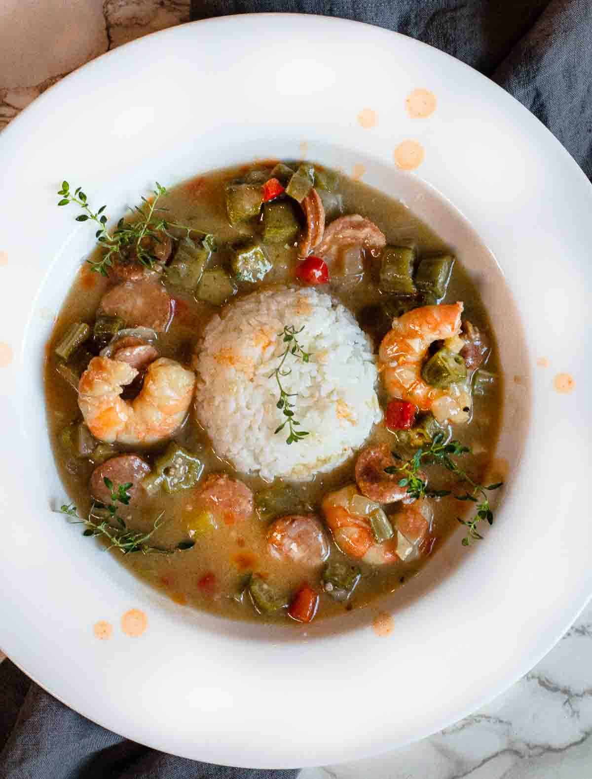 A bowl of shrimp and sausage gumbo. An easy gumbo recipe.