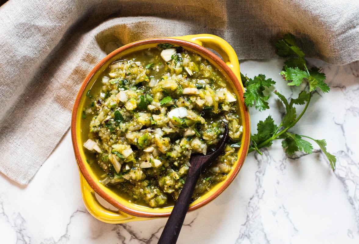 Homemade salsa verde using fresh tomatillos