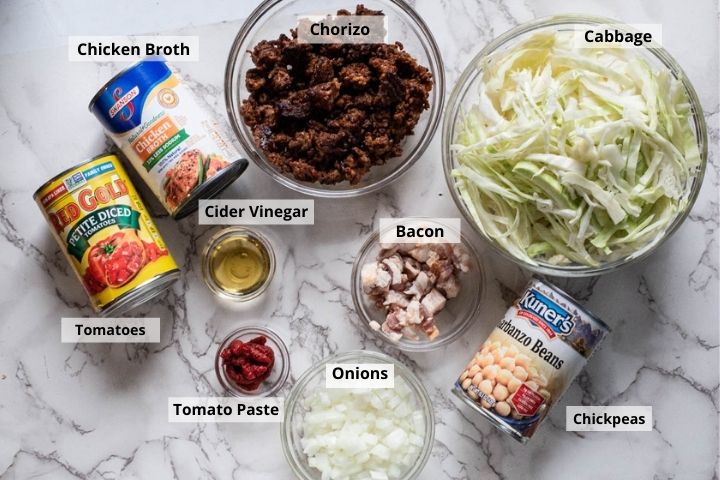 Ingredients to make Mexican chorizo soup with cabbage