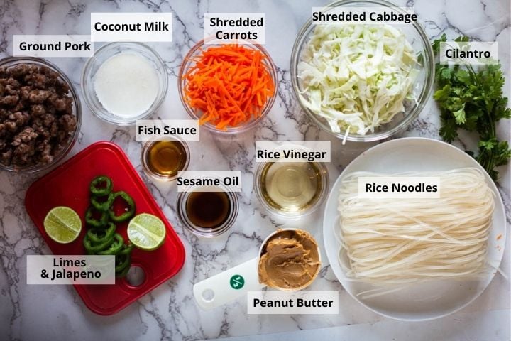 Ingredients to make spicy thai peanut noodles with pork
