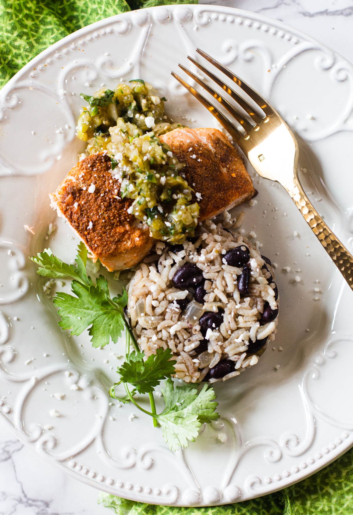 Cumin chile powder rubbed salmon fillet with black bean and chile rice