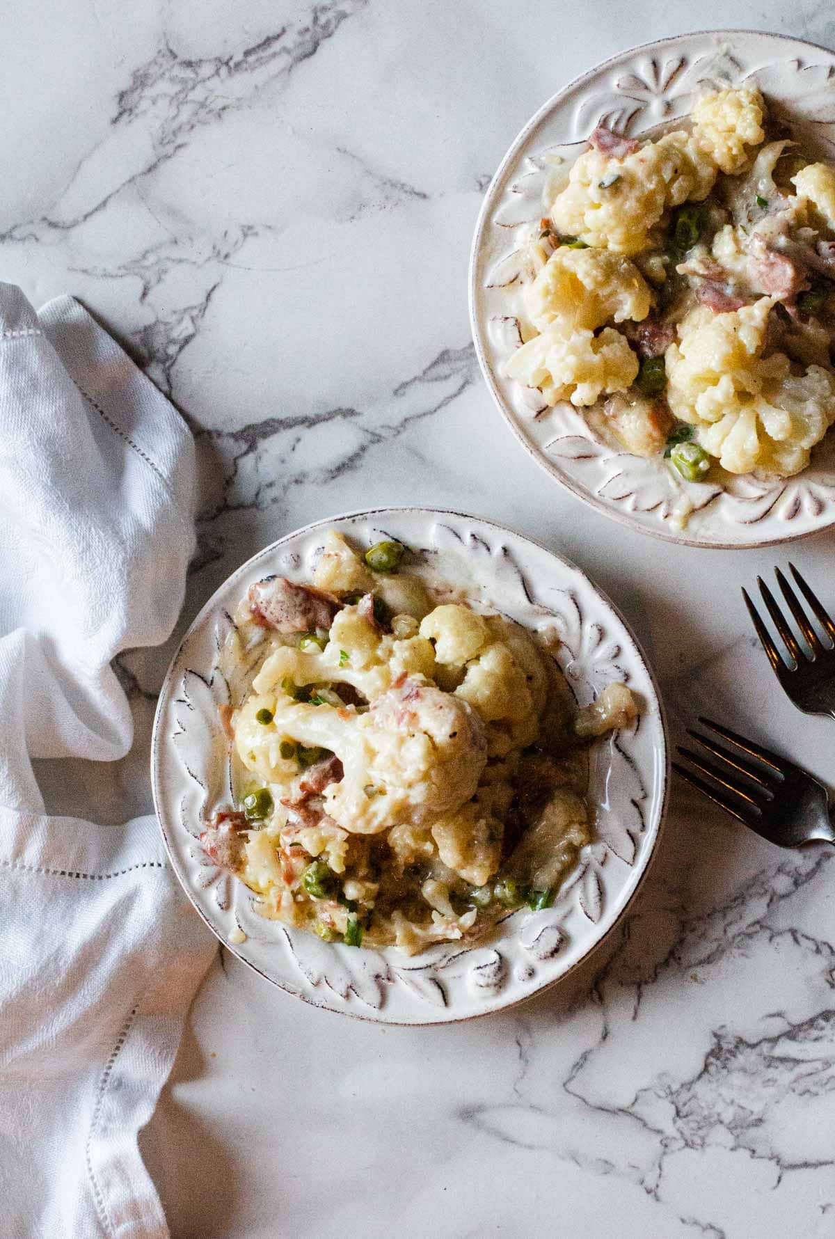 Creamed Swiss Cheese Cauliflower casserole side dish.