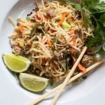 Pad Thai Noodles in a Thai peanut sauce with cabbage and carrots and ground pork