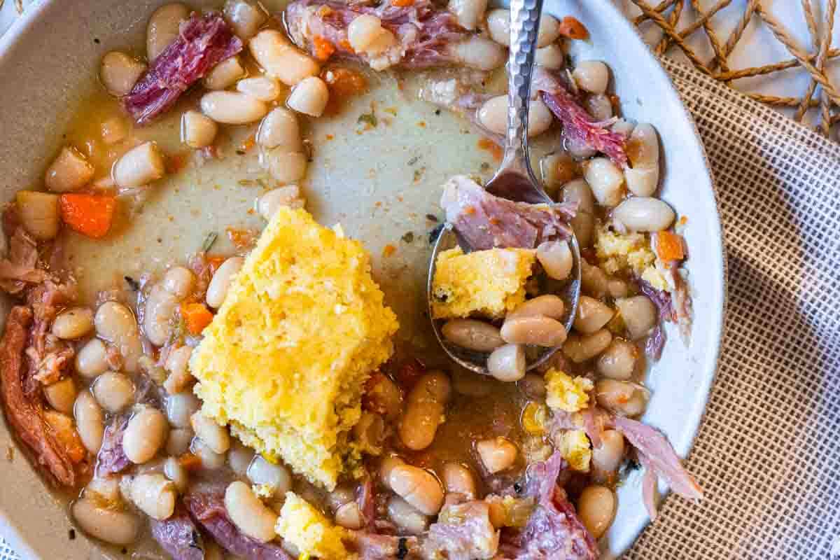 How to eat crockpot ham and beans with cornbread.