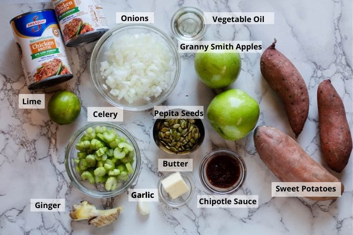 Ingredients to make spicy sweet potato soup.