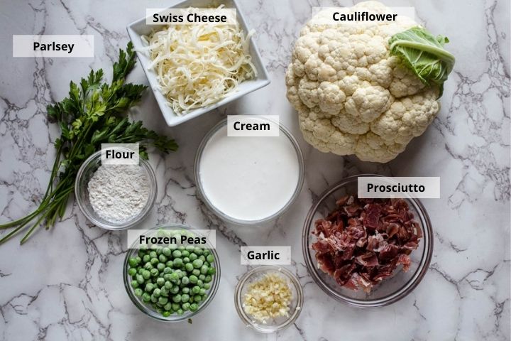 Ingredients to make Swiss Cheese Creamed Cauliflower Casserole