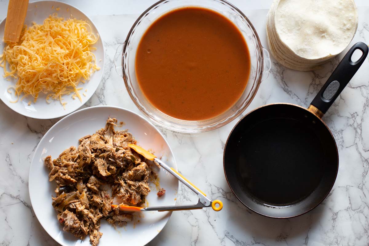 Assembly line, how to fill and roll pulled pork enchiladas