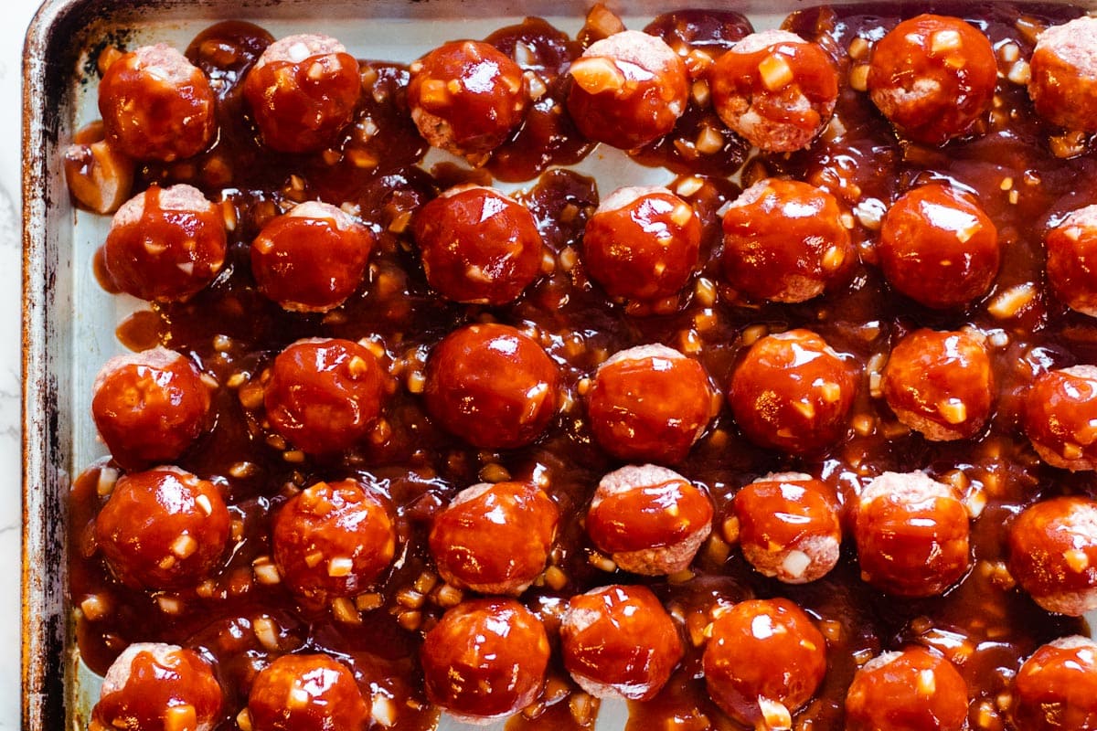 Oven baked bbq meatballs on a sheet pan