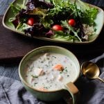 Creamy chicken and wild rice soup served with a side salad