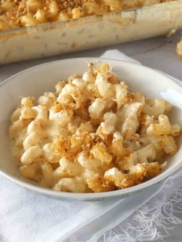 Flemings steakhouse macaroni and cheese in a white bowl.