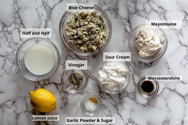 Ingredients to make creamy chunky homemade blue cheese dressing.