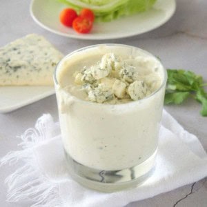 A container of homemade blue cheese dressing.