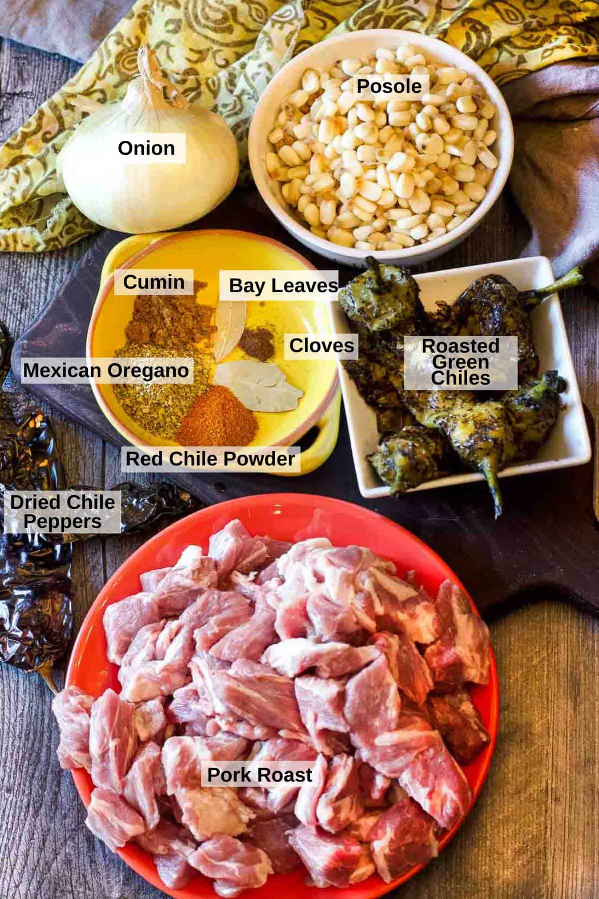 Ingredients to make New Mexico Style Pork Pozole.