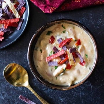 Chicken cheese soup with poblano peppers garnished with tortilla strips