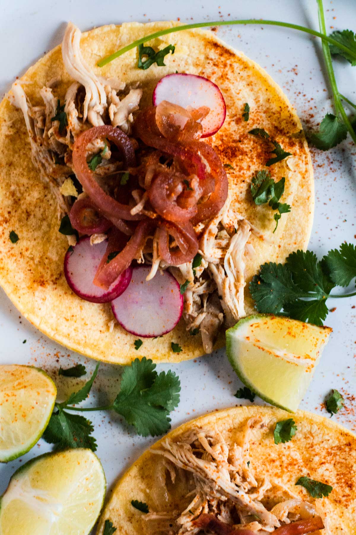 Chicken barbacoa tacos served on yellow corn tortillas, garnished with radishes, cilantro and pickled onions.