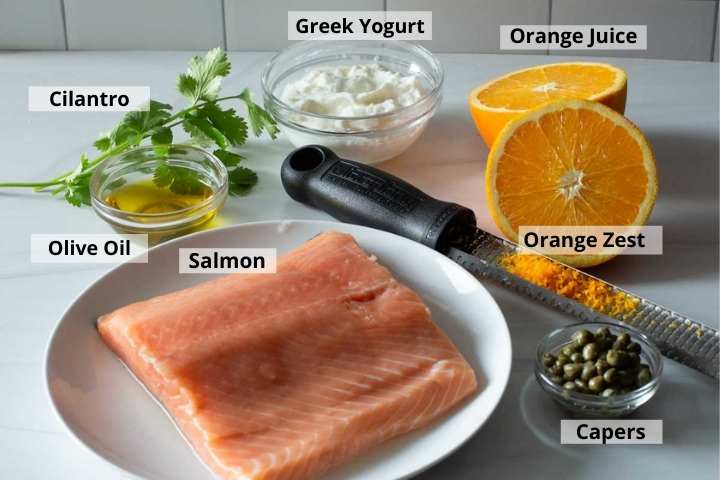Ingredients to make orange salmon with caper sauce. 