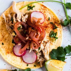 Pollo barbacoa served on a flour tortilla with toppings.