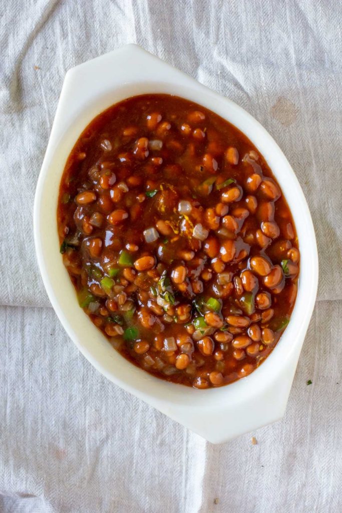 baked beans in a 2 quart casserole dish ready to bake