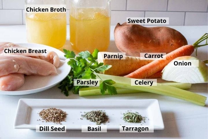 Ingredients to make chicken soup with sweet potatoes