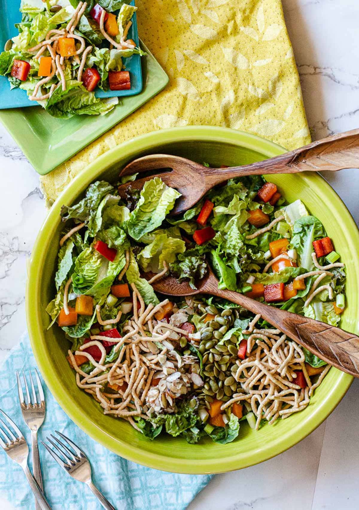 Green Tossed salad topped with crispy chow mein noodles and pumpkin seeds