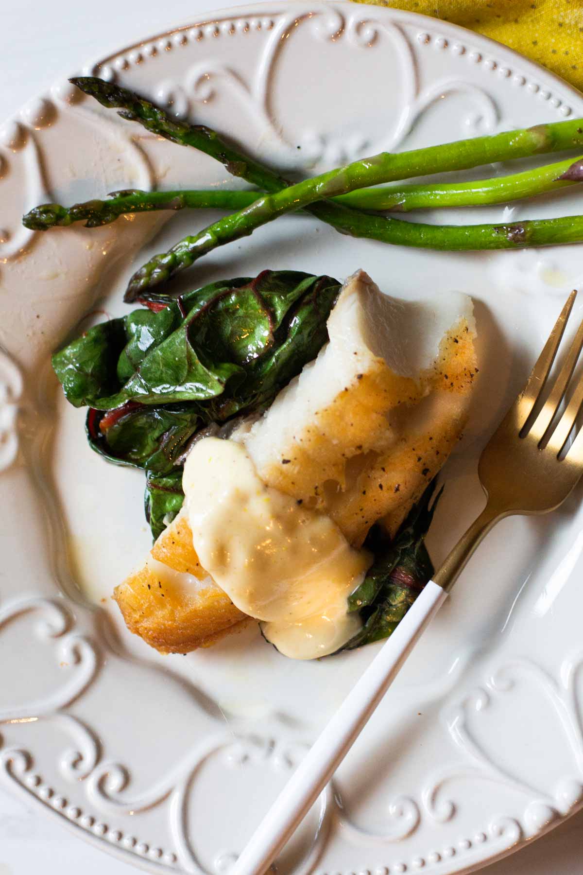 Ling cod recipe pan seared and served with lemon aioli and swiss chard