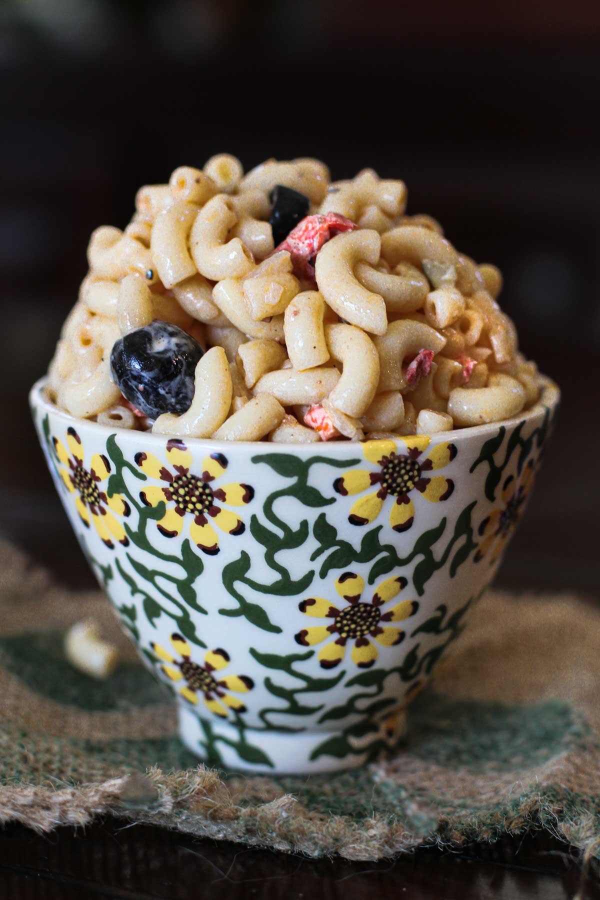 Pioneer woman's best Elbow Macaroni pasta salad recipe with black olives, roasted red bell peppers 