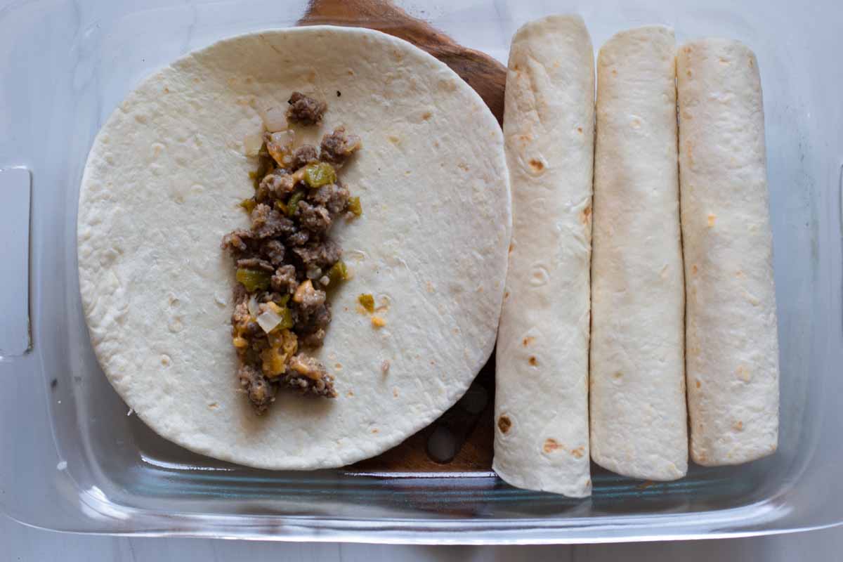 Sausage, cheese, chile pepper mixture to roll in a breakfast burrito