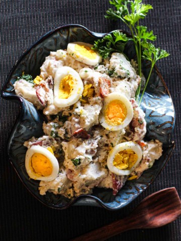 Blue Cheese Potato Salad with Bacon and sliced hard boiled eggs.