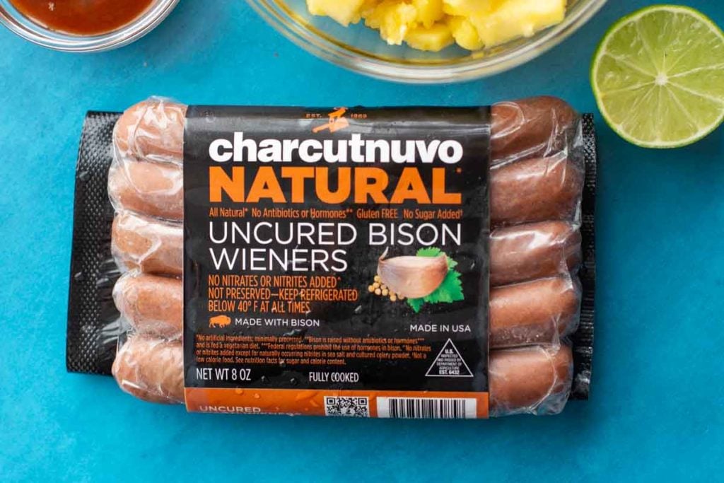 A pacakge of Charcutnuvo uncured bison hotdogs