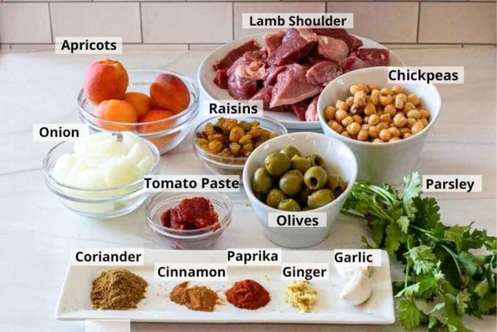 Ingredients to make apricot lamb tagine