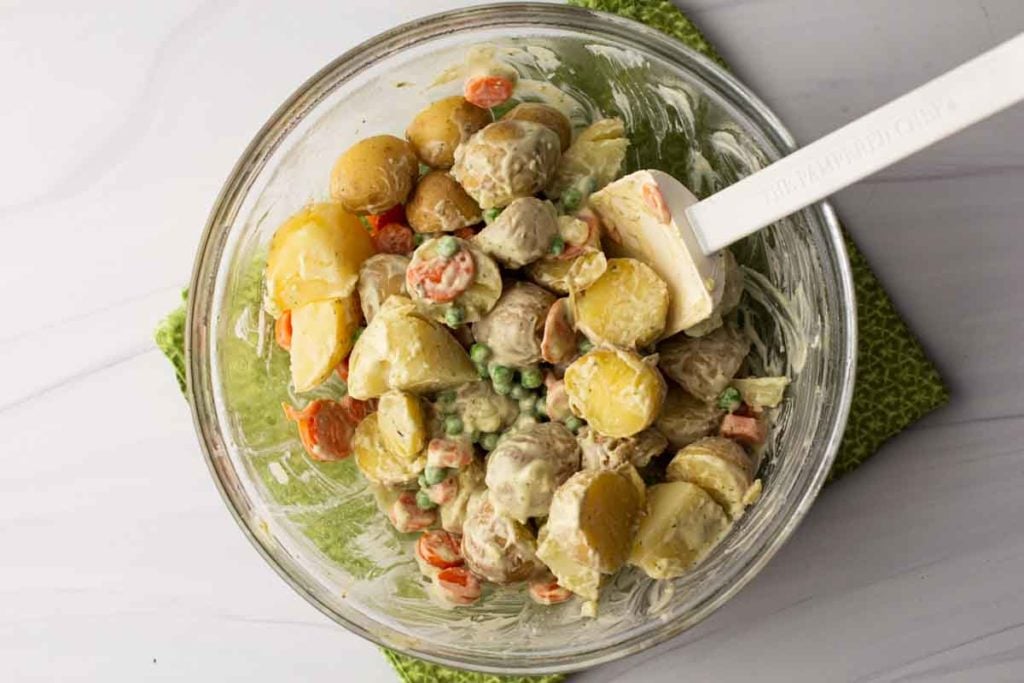 Avocado Potato Salad in a clear bowl.