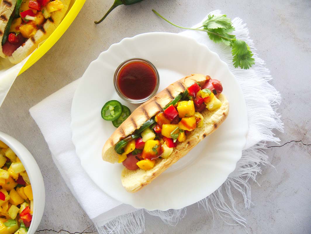Grilled Hot Dogs with bbq sauce and salsa