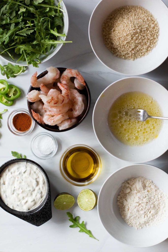 Ingredients to make baked breaded shrimp