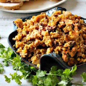 Chorizo stuffing served with sliced turkey breast.