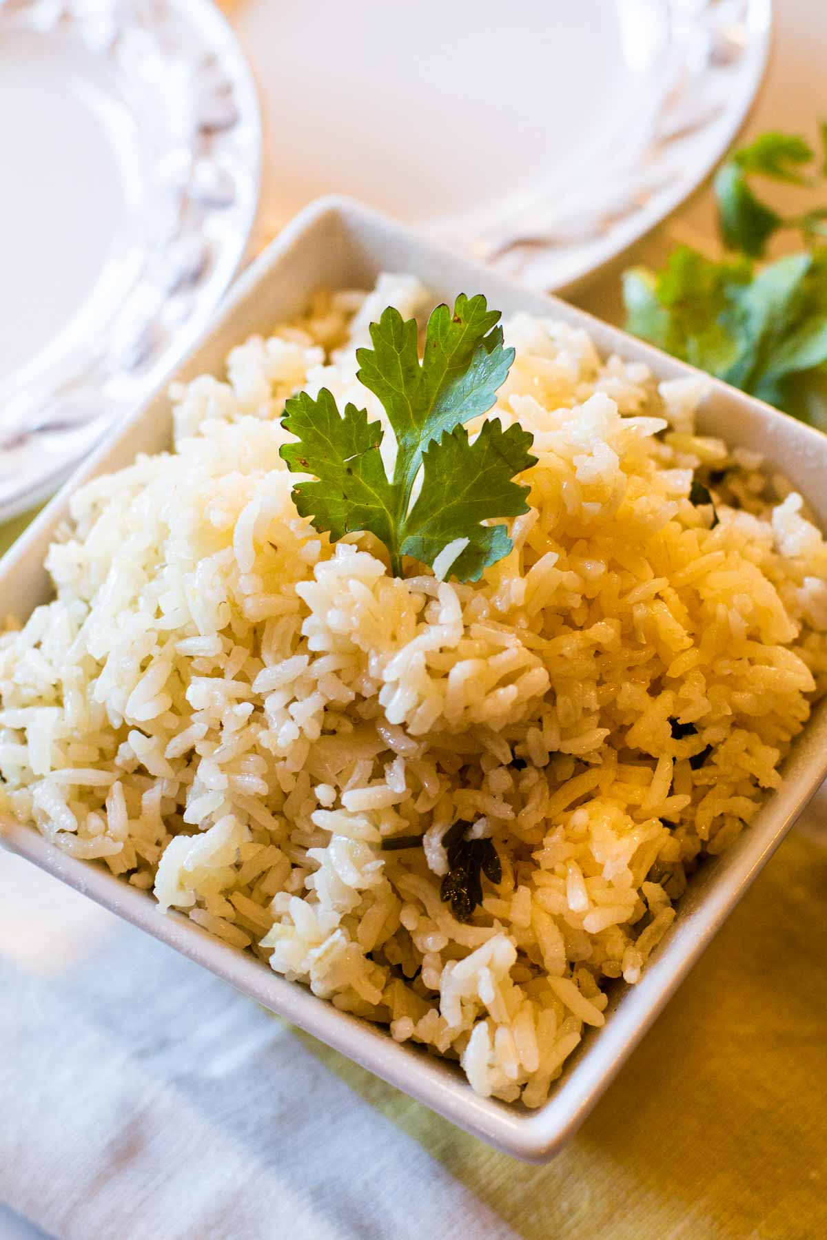 bowl of white rice that's been baked in the oven and garnished with parsley
