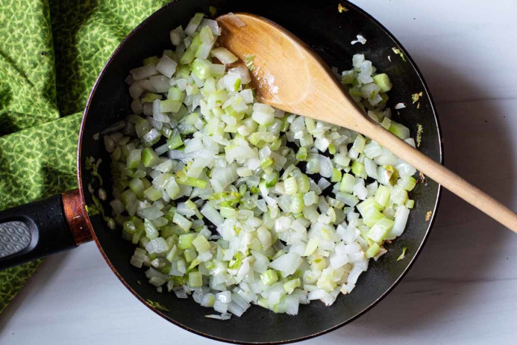 sauteeing celery and onions to make meatloaf