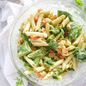 A bowl of Whole Foods Smoked Mozzarella Pasta Salad.