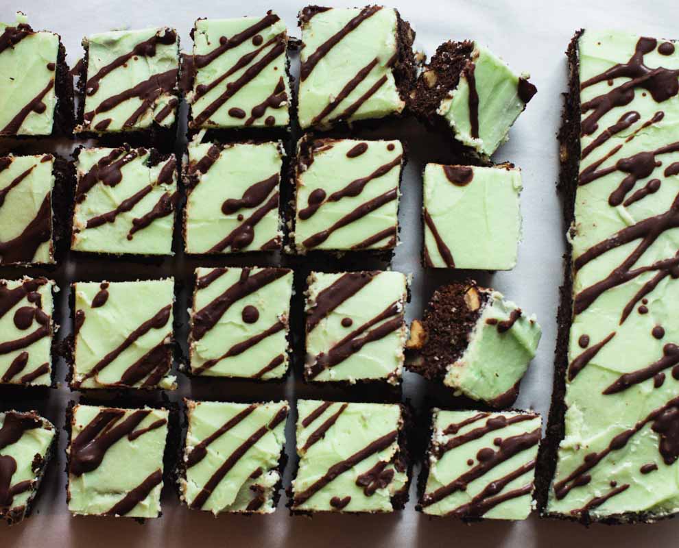Hershey Syrup Brownies with Mint Frosting cut into squares