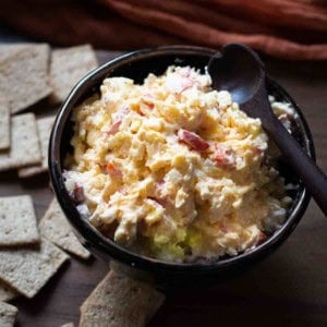 Dubliner Cheese Spread in a bowl served with crackers.