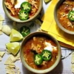 Creamy chicken tortilla soup with rotel tomatoes.