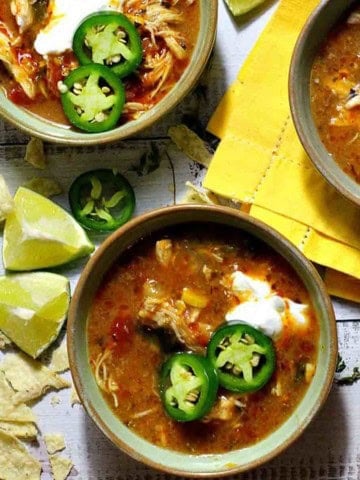 Creamy chicken tortilla soup with rotel tomatoes.