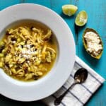 Chicken poblano soup with hominy.