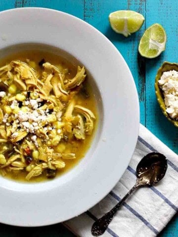 Chicken poblano soup with hominy.