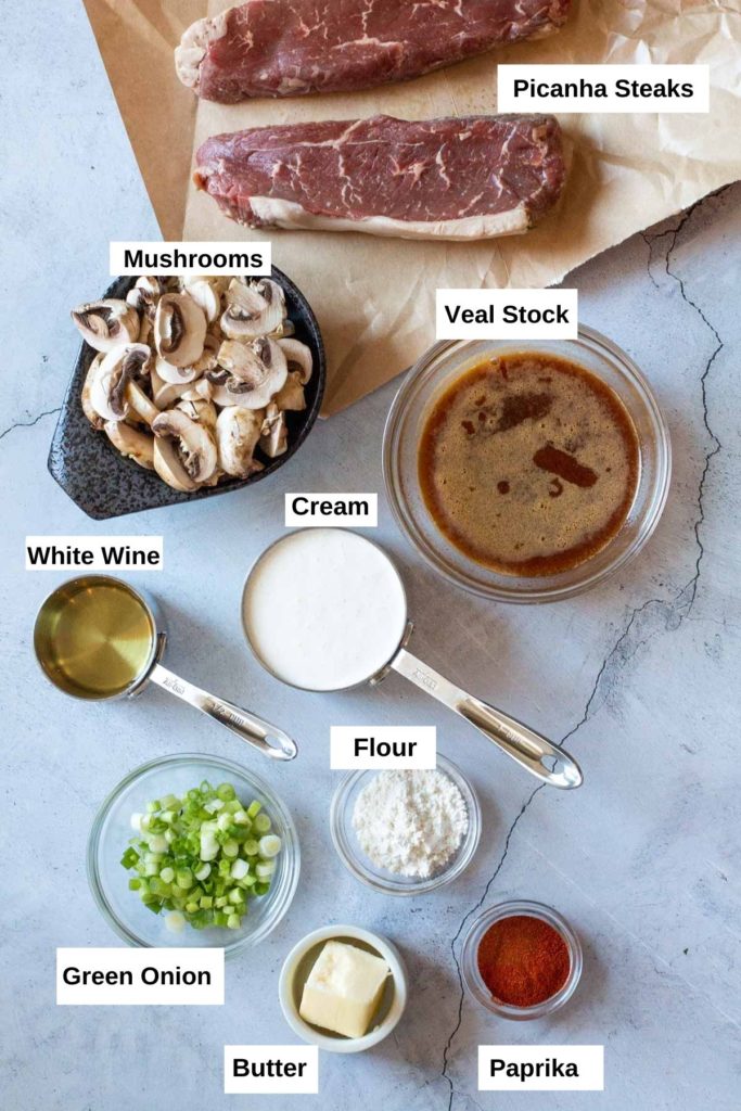 Ingredients to make picanha steaks with mushroom cream sauce.